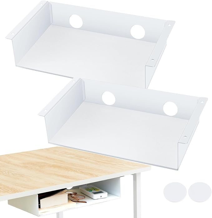 Yaocom 2 Pack 13 Inch Under Desk Hanging Shelf, Carbon Steel Storage Tray with Mute Felt Sheets, Mount Shelves Organizer for Office Home Workstation Gaming Stand Up(13x8x2.8 in/Storage Shelf, White) by Yaocom
