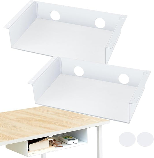 Yaocom 2 Pack 13 Inch Under Desk Hanging Shelf, Carbon Steel Storage Tray with Mute Felt Sheets, Mount Shelves Organizer for Office Home Workstation Gaming Stand Up(13x8x2.8 in/Storage Shelf, White) by Yaocom