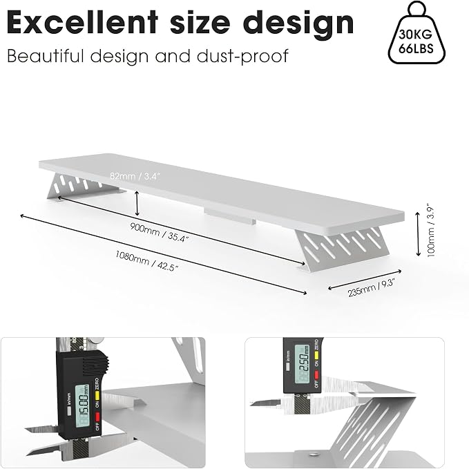 Fenge Monitor Stand Riser, Wooden & Metal Desk Shelf Organizer, White | 42.5 Inch Dual Monitor Riser for 2 Monitors, Multifunctional Monitor Shelf for Laptop, PC, Printer - Image 5