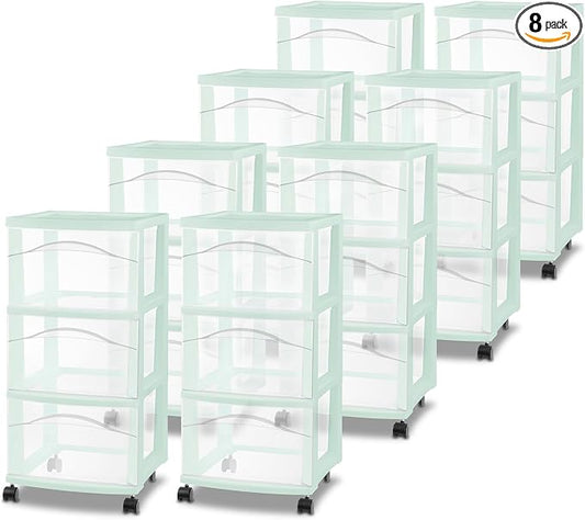 Sterilite 8 Pack 3 Drawer Storage Cart, Plastic Rolling Organization, Mint by Sterilite