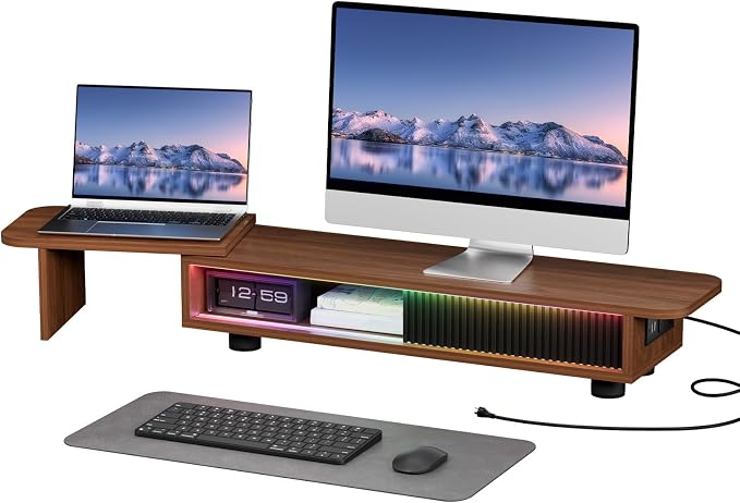 Artswish Dual Monitor Stand with Power Outlet, Brown Desk Monitor Riser | 2 AC Outlets & 2 USB Ports, RGB Lighting, Sliding Storage, Flexible Side Shelf, Desk Riser for Office, Work and Study by Artswish