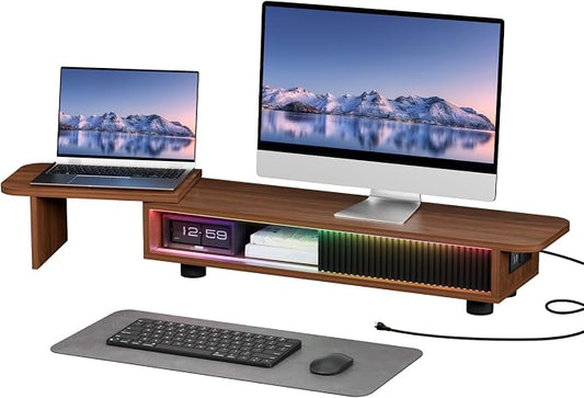 Artswish Dual Monitor Stand with Power Outlet, Brown Desk Monitor Riser | 2 AC Outlets & 2 USB Ports, RGB Lighting, Sliding Storage, Flexible Side Shelf, Desk Riser for Office, Work and Study by Artswish
