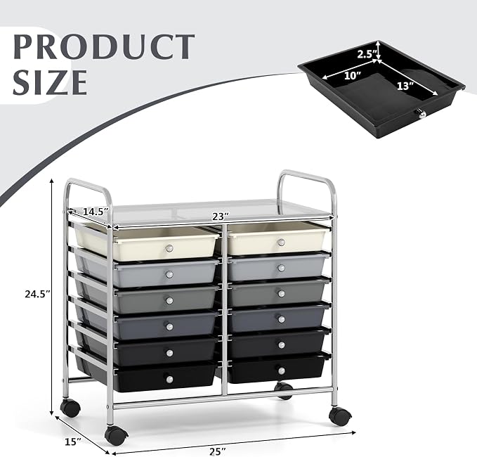 GOFLAME 12-Drawer Rolling Storage Cart, Multifunctional Art Craft Organizer Cart, Mobile Utility Storage Cart with Removable Drawers & Lockable Wheels, Craft Cart for Home Office School, Grey Gradient - Image 3