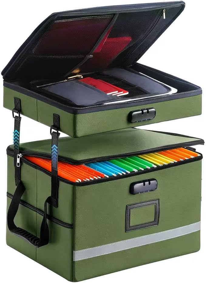 EXLIFBAG 2 Layer File Box with Lock, Portable Document Organizer Box with Handle, Fireproof File Box for Home Office, Legal File Organizer Storage by EXLIFBAG