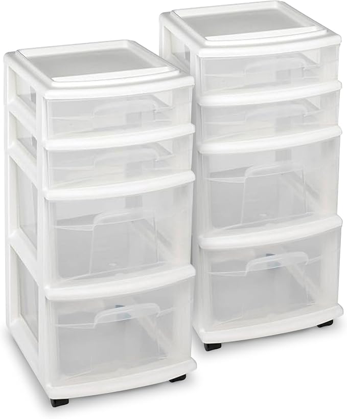 HOMZ Drawer Tower, 4-Tier Storage Cart with Removable Wheels, White, 2 Pack | Plastic Organizer with Clear Bin Drawers for Bedrooms, Bathrooms, Home Offices, and Dorm Rooms - Image 9