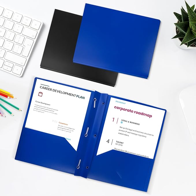 60-Pack Plastic Folders with Pockets and Prongs,2-Pocket Poly Folders with 3 Fasteners Holds 8-1/2" x 11" Paper for School/Office/Home, Blue - Image 6