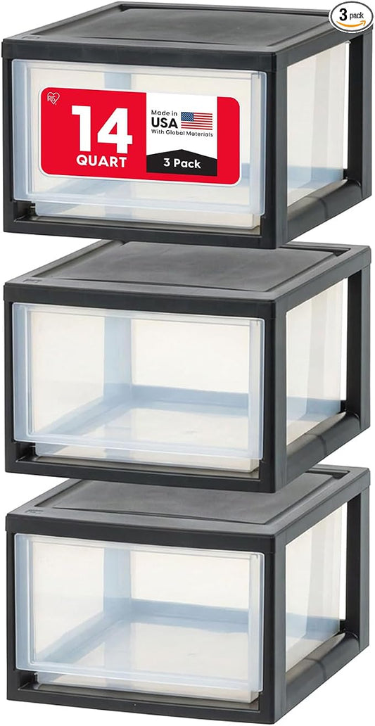 IRIS USA 3-Pack, 14.5 Qt. Stacking Drawer Storage Organizer, Black | Store shoes, clothing, accessories, and household essentials around your home with organized storage for everyday needs by IRISUSA