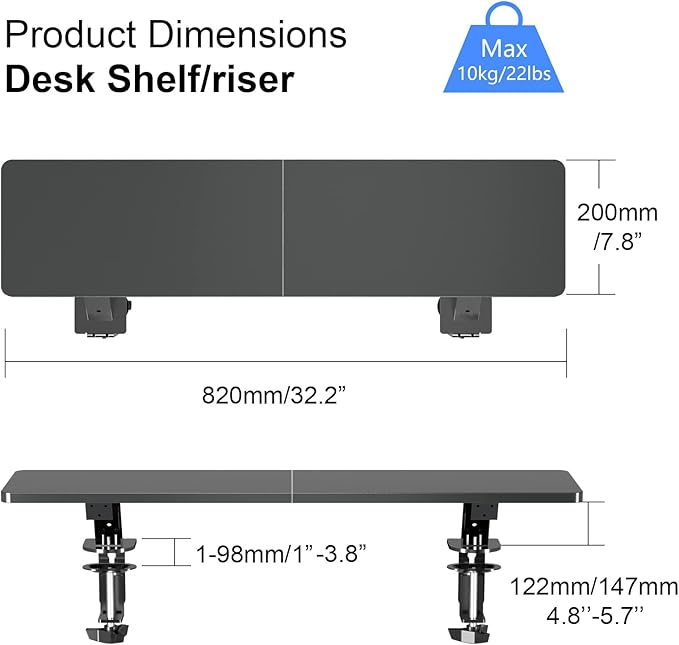 suptek Clamp-on 32 Inch Dual Monitor Desk Mount Riser Shelf Computer Stands for 2 Monitor,Laptop,Printer, Notebook,32.2” x 7.8” x 5.7” - Image 2