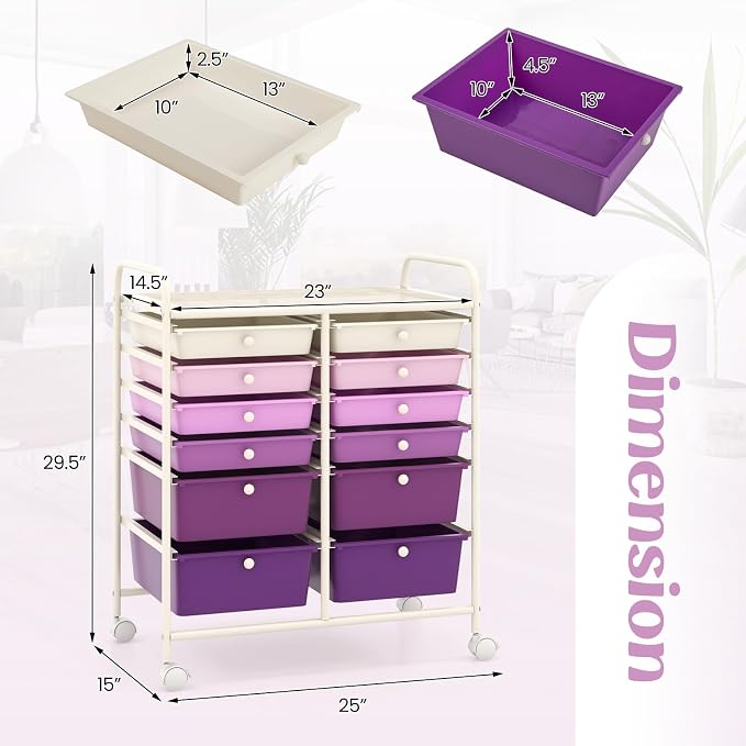 GOFLAME 12-Drawer Rolling Storage Cart, Multipurpose Organizer Cart with 2 Sizes Plastic Drawers, Mobile Utility Cart with Lockable Casters for School, Home Office, Beauty Salon, Purple Gradient - Image 3