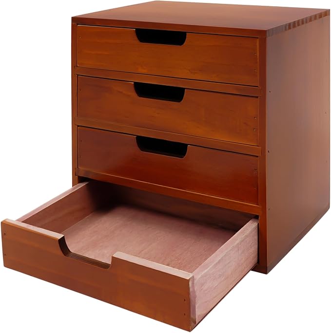 4-Pack Wooden Drawer Organizer Set, Stackable 4-Drawer Desktop Storage Cabinets in Modern Mahogany Wood - 16-Drawer Countertop Organizer for Office, Vanity, Home, and School (Wood Color) - Image 8