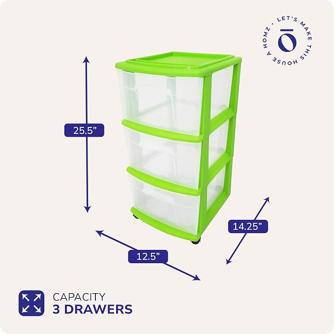 HOMZ Drawer Tower, 3-Tier Clear Plastic Storage Organizer Cart, Bold Lime Frame - Rolling Drawer Containers with Wheels for Bathroom, Bedroom, Office, and Classroom Organization - Image 2