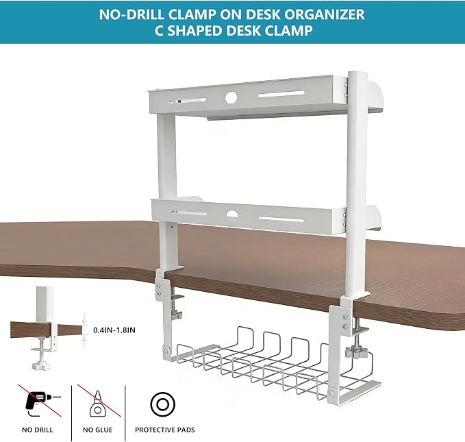 Clamp on Desk Shelf,3 Tier Desktop Organizer,Adjustable Clamp on Desk Top Organizer with Under Desk Hidden Storage Basket&Hooks,No Drilling Desk Clamp Storage Shelves for Working Gaming Accessories - Image 5