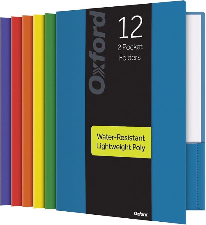Oxford 2 Pocket Folders, Sturdy Plastic Portfolio, Folder for School and Office, 2 Pocket Paper Organizer, Letter Size, Asst. Colors, 2 Each (Blue, Green, Yellow, Orange, Red, Purple), 12 Pack (14188) by TOPSProducts