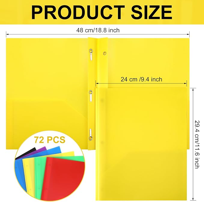 Cholemy 72 Packs Pocket Folders with Prongs Heavy Duty Plastic Folder with Business Card Slot 3 Prong Fasteners for School Office (Stylish) - Image 2