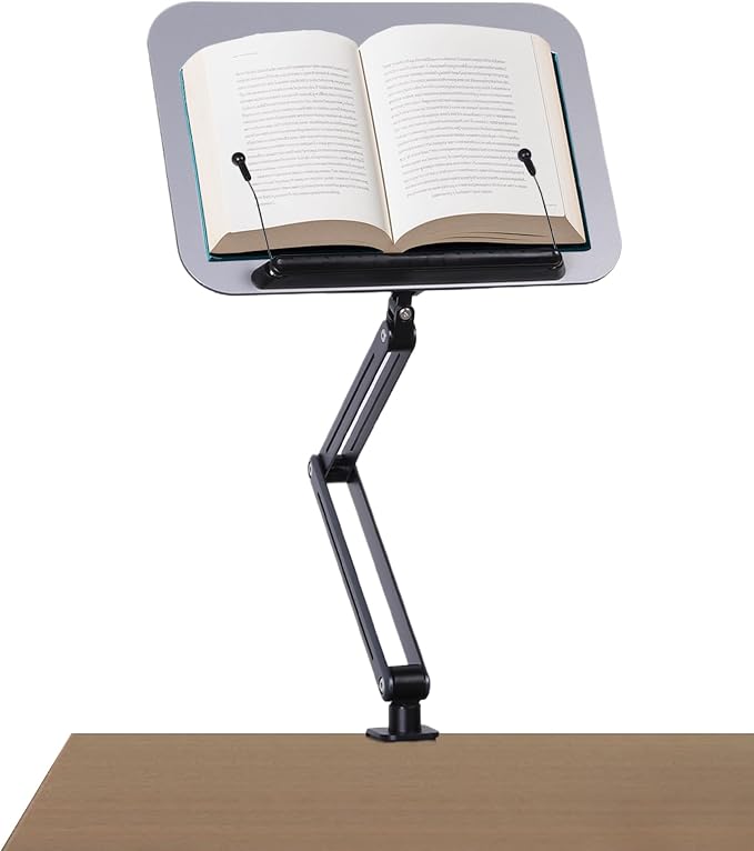 ASIEIT Desk Clamp Book Stand, Aluminum Book Holder Adjustable Height & Angle, Cookbook Stand for Kitchen, Recipe Book Holder with 360° Swivel Base, Book Stand for Reading, Office, Laptop by ASIEIT
