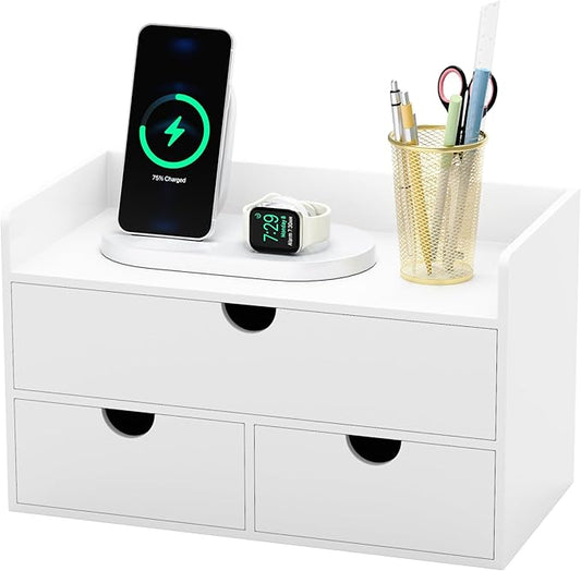 Bamboo Desk Organizer with Drawers Desktop Storage Drawers for Bills Office Supplies Kitchen Utensils Organizing Tool for Home Classroom Organization No Assembly (White with Shelf) by WISUCART