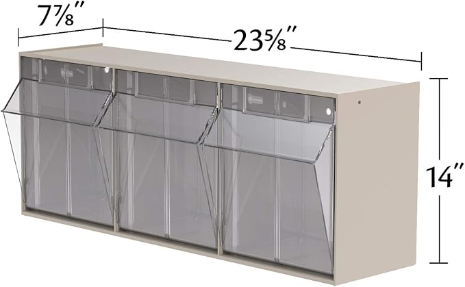 Akro-Mils TiltView Plastic Storage Cabinet with 3 Tilt Out Bins, Horizontal Plastic Parts Organizer, Teacher Toolbox, and Office Supply Organizer, 23-5/8" W x 9-7/16" H x 7-7/8" D, Stone - Image 2