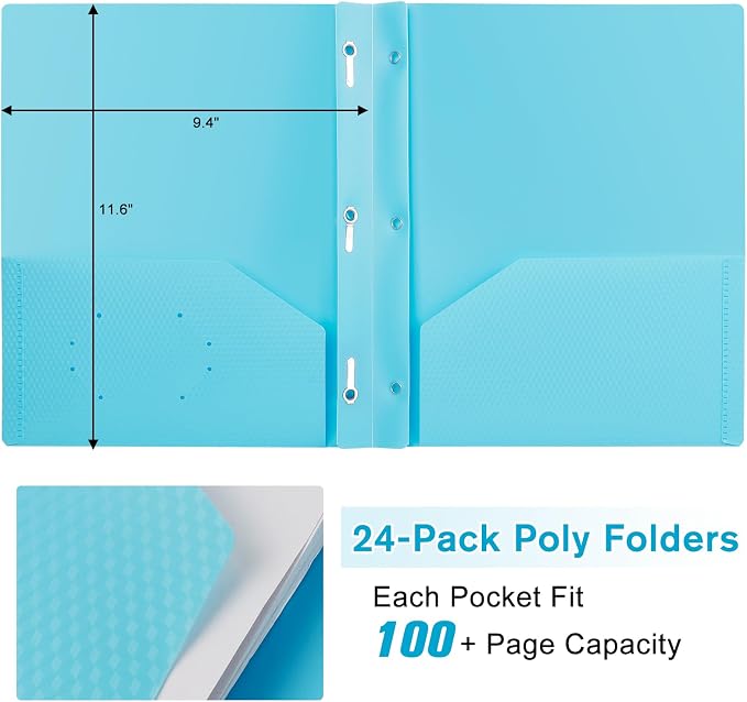 24-Pack Plastic andPockets and Prongs,2-Pocket and3 Fasteners, Pastel Folders Holds 8-1/2" x 11" Paper for School/Office/Home, Blue - Image 4