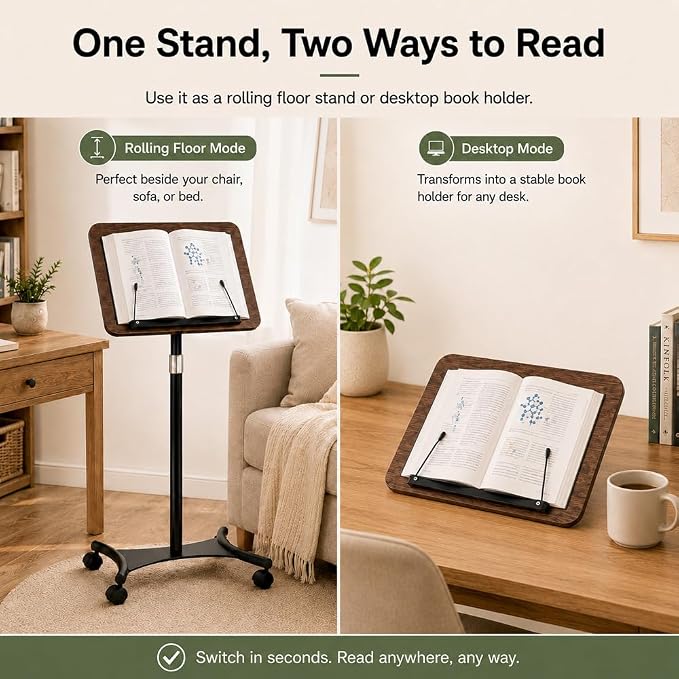 2-in-1 Rolling Book Stand, Floor & Desktop Book Holder for Heavy Books | Hands-free read | Lockable wheels | Cozy movable study setup | Up to 57 in | One stand, two ways to use | 360° Rotating Panel - Image 2