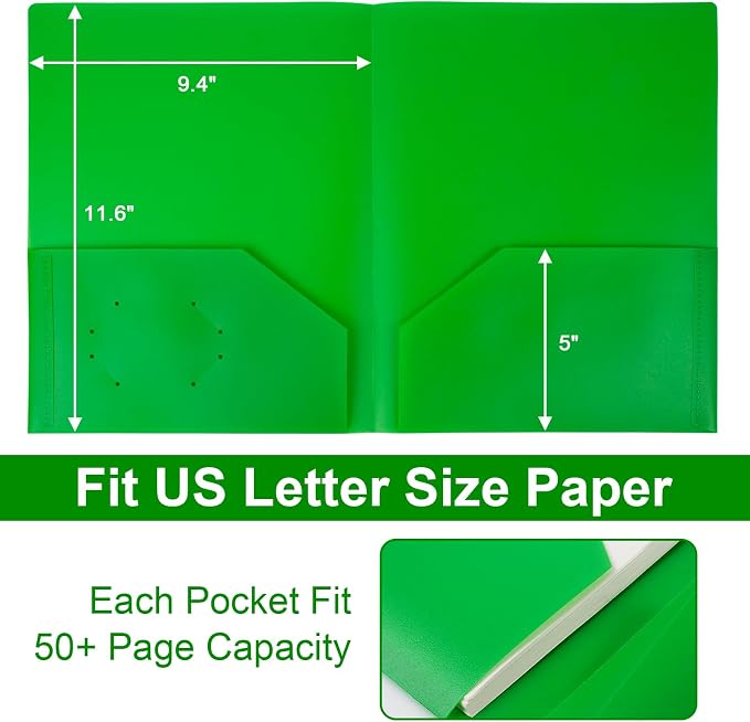 12-Pack Plastic Folders with Pockets,2-Pocket Poly Folders Holds 8-1/2" x 11" Paper for School/Office/Home, Green - Image 2