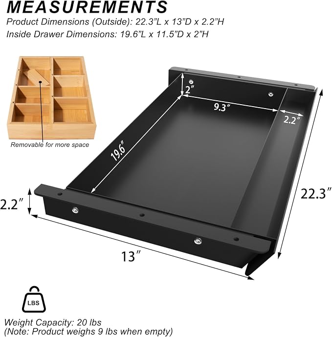 Large Under Desk Mounted Sliding Drawer with Bamboo Tray and 60 Degree Tilt Panel to Pull Out, 22'' Long & 13'' deep Large Storage Organizer for Sit Stand Workstation - Image 2