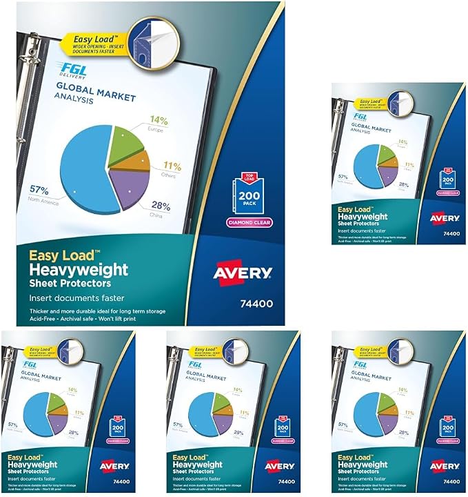 Avery Diamond Clear Heavyweight Sheet Protectors, Easy Load, 200 Document Protectors (74400), 1 LB (Pack of 5) by Avery