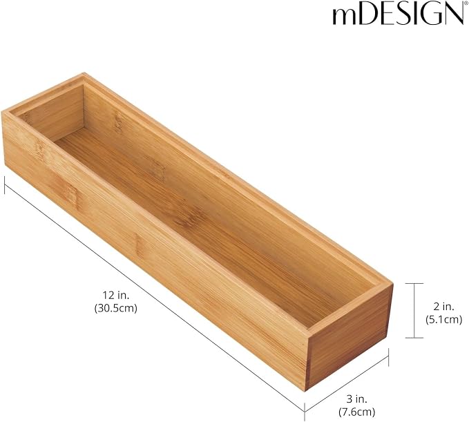 mDesign Slim Wooden Bamboo Drawer Organizer for Office - 12" Long Stackable Storage Box Tray for Desk Drawers/Cabinet - Junk Drawer and Accessories Organization - Echo Collection, 6 Pack, Natural Wood - Image 4