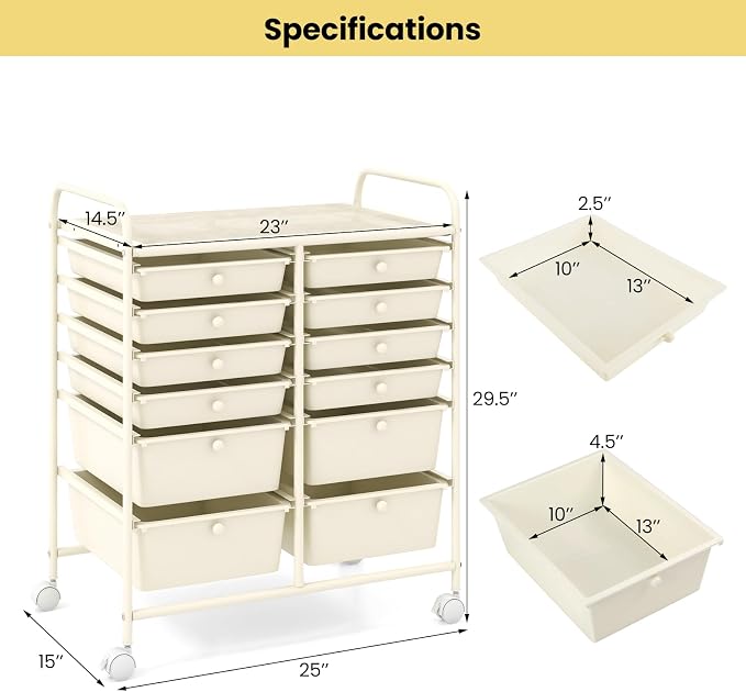 Moccha 12-Drawer Rolling Storage Cart - Utility Cart on Wheels with Lockable Casters for Craft Art Supply Paper Salon, Mobile Drawer Carts for Classroom Teacher School Office (White) - Image 2