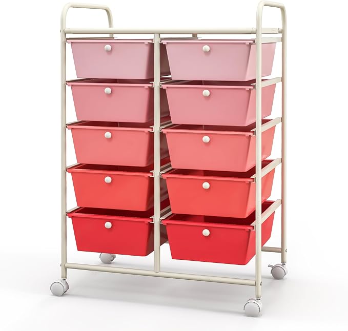 Giantex 10 Drawers Rolling Cart, Classroom Organizers, Storage Cart with Wheels, for Teacher Office Home School Supplies Tool Craft Art Paper, Pink Gradient - Image 9