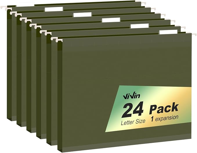ViVin Hanging File Folders, 1/5-Cut Adjustable Tabs with 24 Per Box, 1 Inch Expansion, 24 Pack Letter Size Hanging File Folders, Designed for Office Home School Filing Cabinet(Green) by ViVin