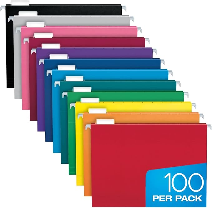 Pendaflex Colored Hanging File Folders Letter Size with 1/5 Cut Adjustable Tabs, 8.5 X 11-12 Assorted Colors, 100 Pack by Pendaflex