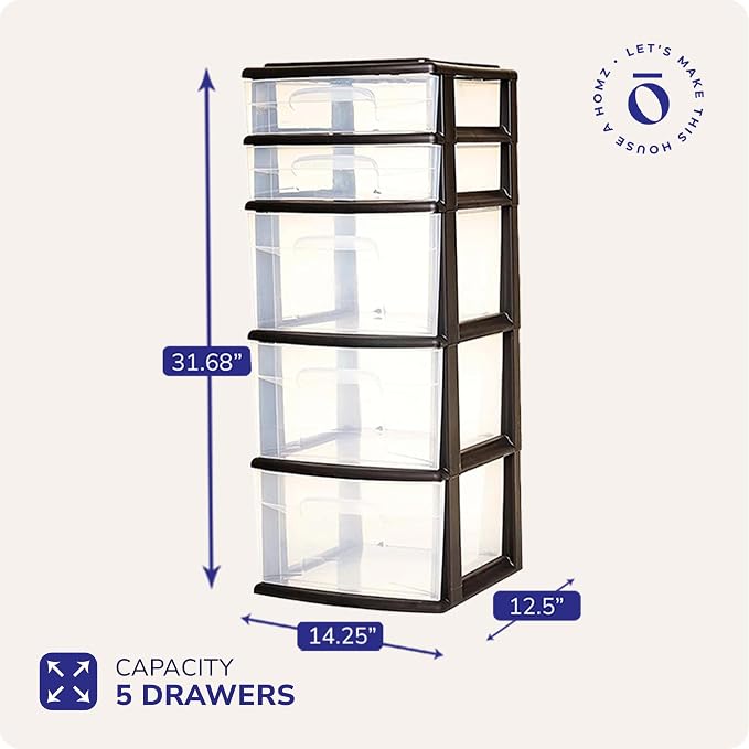 HOMZ Drawer Tower, 5-Tier Storage Organizer Unit, Black Frame | Plastic Organizer with Clear Bin Drawers for Bedroom, Bathroom, Home Office, and Dorm Rooms - Image 3