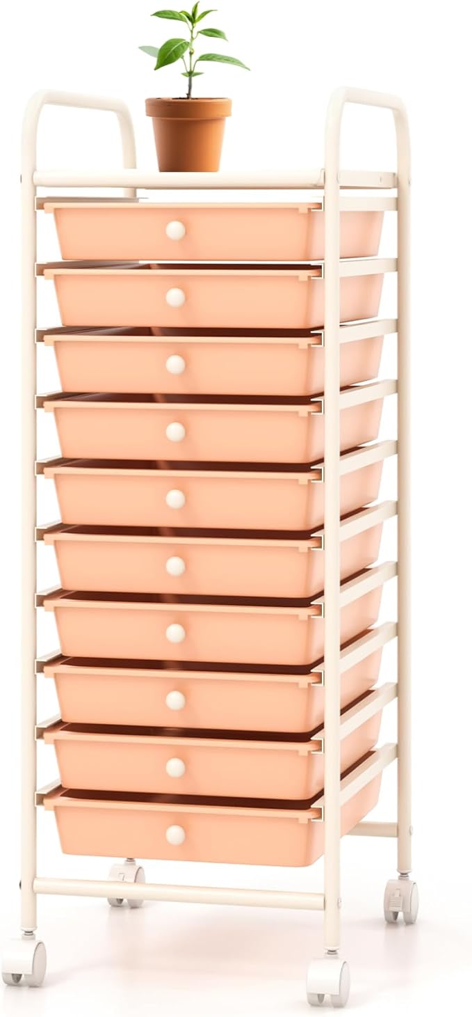 Storage Cart, Rolling Utility Cart with 10 Drawers, Portable Handles & Lockable Wheels, Mobile Paper Toys Storage Organizer Large Capacity for Home Office School Teacher (Peach) by OFFICEJOY