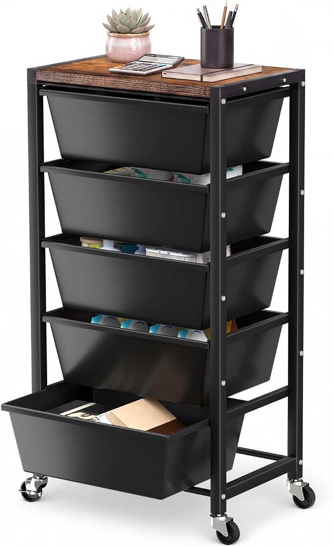 Rolling Cart with 5 Drawers, Plastic Drawer Storage Carts with Wheels & Wooden Tabletop, Metal Utility Cart for Office Bedroom Living Room Classroom, Craft Organization and Storage, Black by TimeForest