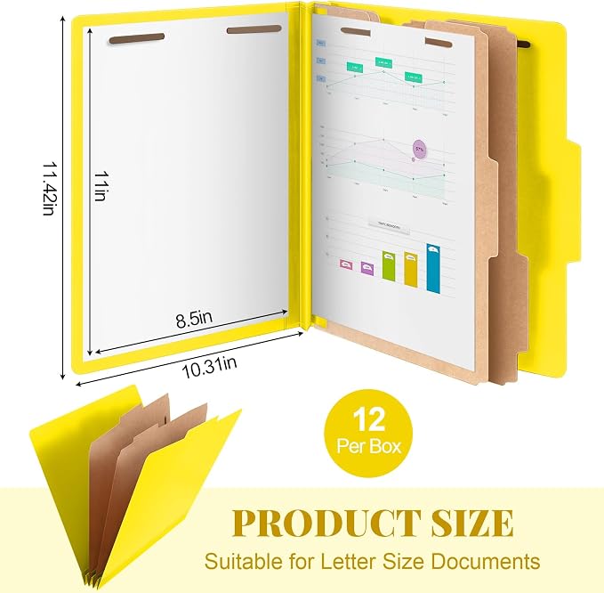 Skyygemm 12 Pcs Classification Folders Letter Size Bulk - 2 Dividers Pressboard File Folder with 3. 5 Inch Expansion, 2 Prongs Fastener, Heavy Duty Office File Organizer for Teacher Medical (Yellow) - Image 2