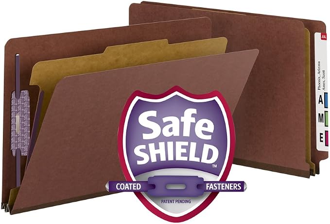Smead 100% Recycled End Tab Pressboard Classification File Folder with SafeSHIELD Fasteners, 1 Divider, 2" Expansion, Legal Size, Red, 10 per Box (29855) - Image 8