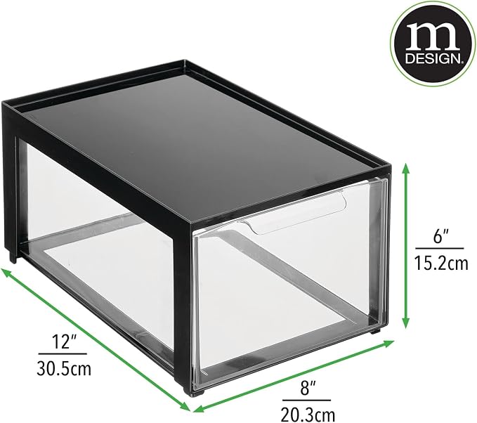 mDesign Plastic Desk Organizer and Storage Bin w/Pull Out Drawer - Stackable Office Storage Container for Office Supplies - Desktop Drawer Organizer - Lumiere Collection - 4 Pack - Black/Clear - Image 3