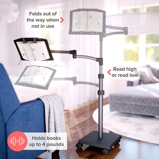 LEVO G2 Adjustable Book Floor Stand, Hands-Free Reading Holder with Wheels | Premium design, holds pages open, extends over beds, recliners or study chairs, for novels, textbooks, recipes, sheet music - Image 2