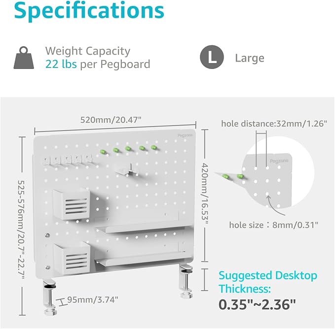 Clamp on Desk Pegboard, 20.4" x 16.5", with 15 Accessories, White | Magnetic Metal Peg Board, Desk Organizer for Office Gaming Home, Privacy Panel, Large - Image 5