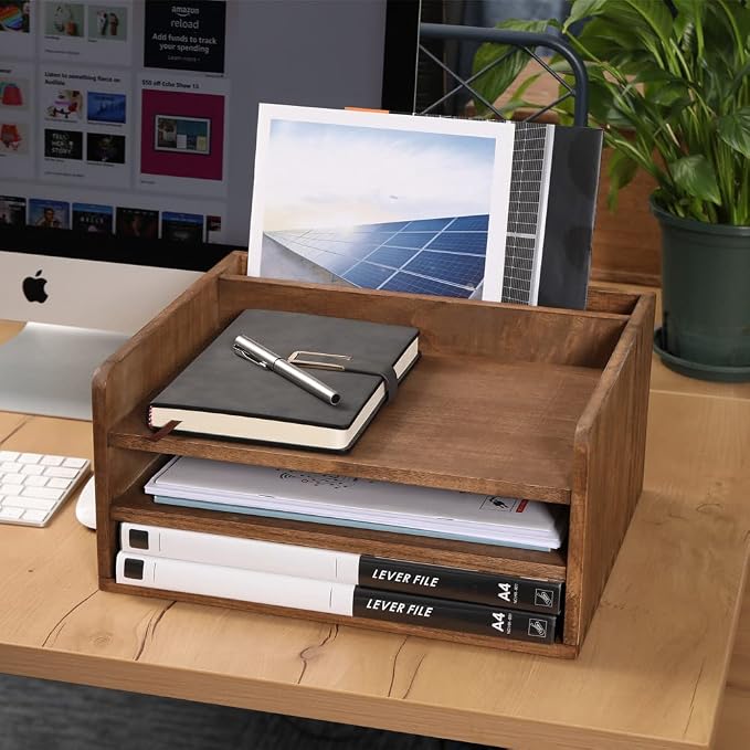 DDYURI Desk Organizer for File Folder Storage with 3 Paper Letter Tray &1 Vertical Compartment- Wood Office Desktop Document Organizer Rack - Filing Folder Mail Sorter Desk accessories Dark WJJ3K-DK - Image 3