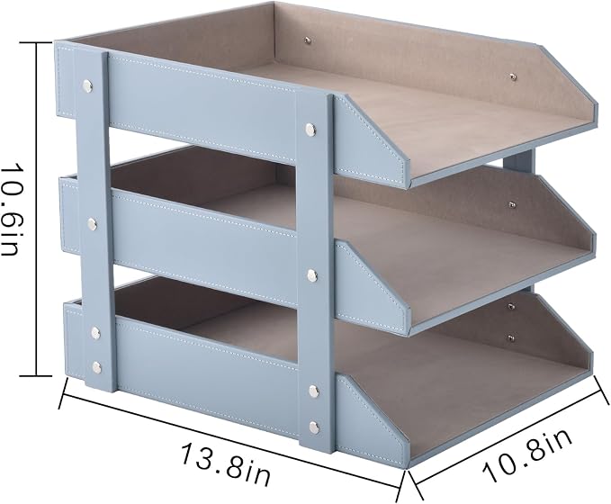 Leather Desk Organize Holder,3-Layer Stackable Letter Tray,Used to Store documents,Folders,Stationery,Magazines,Paper,and Other Home Office Supplies,Desk File Rack (Grey) - Image 4