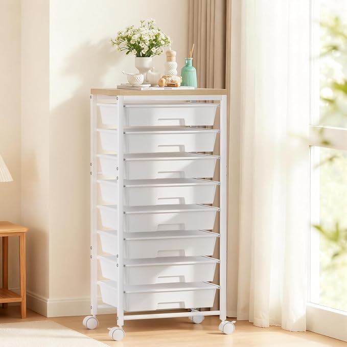 Rolling Cart with 8 Drawers, Plastic Drawer Storage Carts with Wheels & Wooden Tabletop, Metal Utility Cart Organizer for Bedroom Living Room Office Classroom Craft Organization and Storage, White by TimeForest