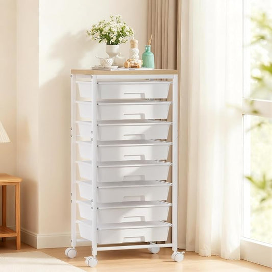 Rolling Cart with 8 Drawers, Plastic Drawer Storage Carts with Wheels & Wooden Tabletop, Metal Utility Cart Organizer for Bedroom Living Room Office Classroom Craft Organization and Storage, White by TimeForest