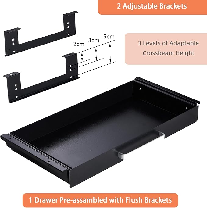 Under Desk Drawer Organizer 21", Large Desk Pencil Storage Drawer | Black, Under Cabinet Table, Heavy Duty Pull Out Shelf, Attachable for Workbench, Adjustable Brackets, Work Shop, Desk Lip - Image 3