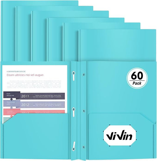 Heavy Duty Plastic Folder, 60 Pack, Pocket Folder with brads, Letter Size Poly File, Plastic Folders with 3 Prongs Fasteners - Light Blue by ViVin