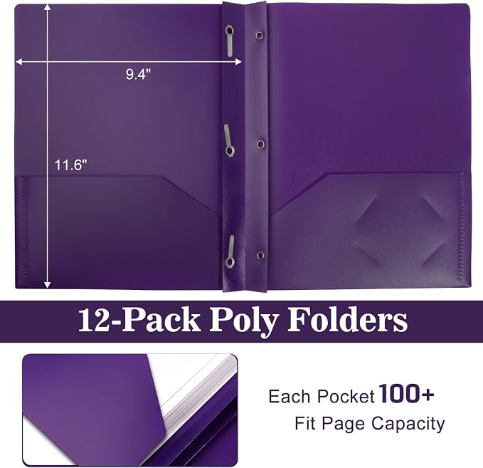 12-Pack Plastic Folders with Pockets and Prongs, 2-Pocket Poly Folders with 3 Fasteners Holds 8-1/2" x 11" Paper for School/Office/Home, Purple - Image 2