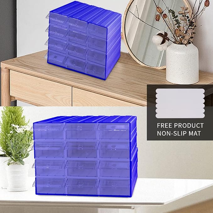 12 Pcs Drawer Stacking Storage Cabinet, Blue Plastic Drawers Storage Closet & 36 Pcs Clear Dividers Organizer Rack & 48 Pcs Tag Card & 24 Pcs Non-slip Stickers for Home Office School - Image 7