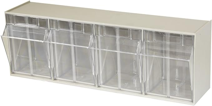 Akro-Mils TiltView Plastic Storage Cabinet with 4 Tilt Out Bins, Horizontal Plastic Parts Organizer, Teacher Toolbox, and Office Supply Organizer, 23-5/8" W x 8-3/16" H x 6-3/4" D, Stone by Akro-Mils