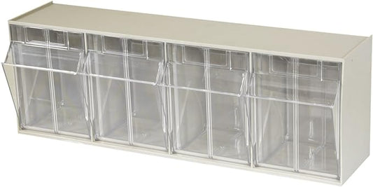 Akro-Mils TiltView Plastic Storage Cabinet with 4 Tilt Out Bins, Horizontal Plastic Parts Organizer, Teacher Toolbox, and Office Supply Organizer, 23-5/8" W x 8-3/16" H x 6-3/4" D, Stone by Akro-Mils