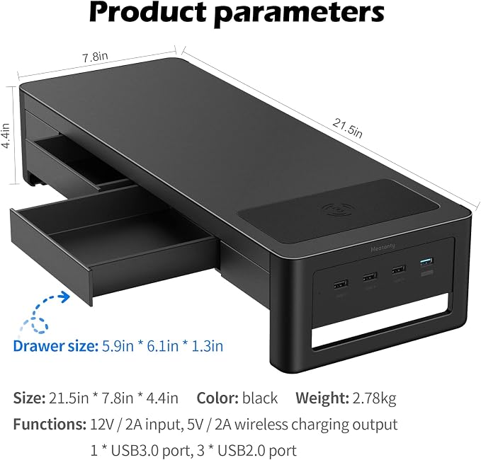 meatanty 3 In 1 Monitor Stand Riser with 2 Drawers,1 Wireless Charging Module and 4 USB Ports,Metal Computer Stand Support Transfer Data & Charging,Desk Organizer for PC,iMac (21 inches) - Image 6